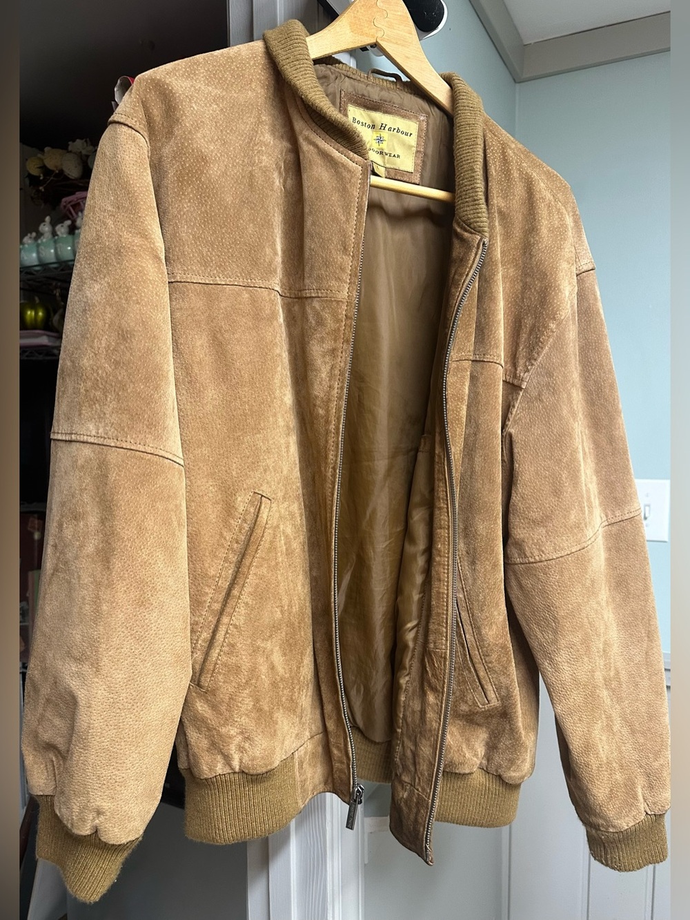 Boston Harbour Mens L Genuine Suede Leather Bomber Jacket Tan Brown Ribbed